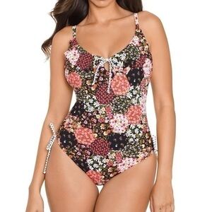 SkinnyDippers Jellyroll Rosalina Black Floral One-Piece‎ Swimsuit Size Large
